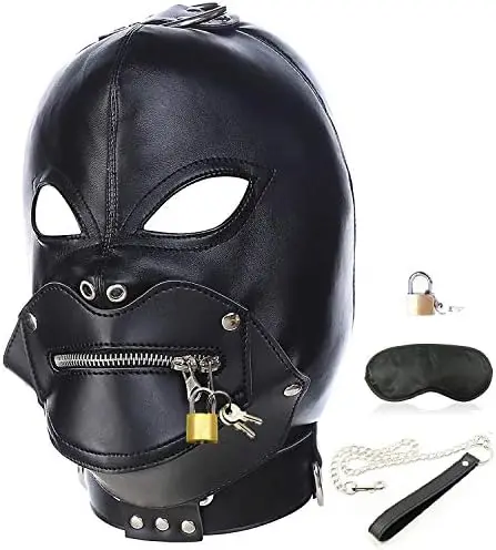 

Leather Bondage Gimp Mask Hood, Black Full Face Blindfold Breathable Restraint Head Hood, Sex Toys, for Unisex Adults Couples