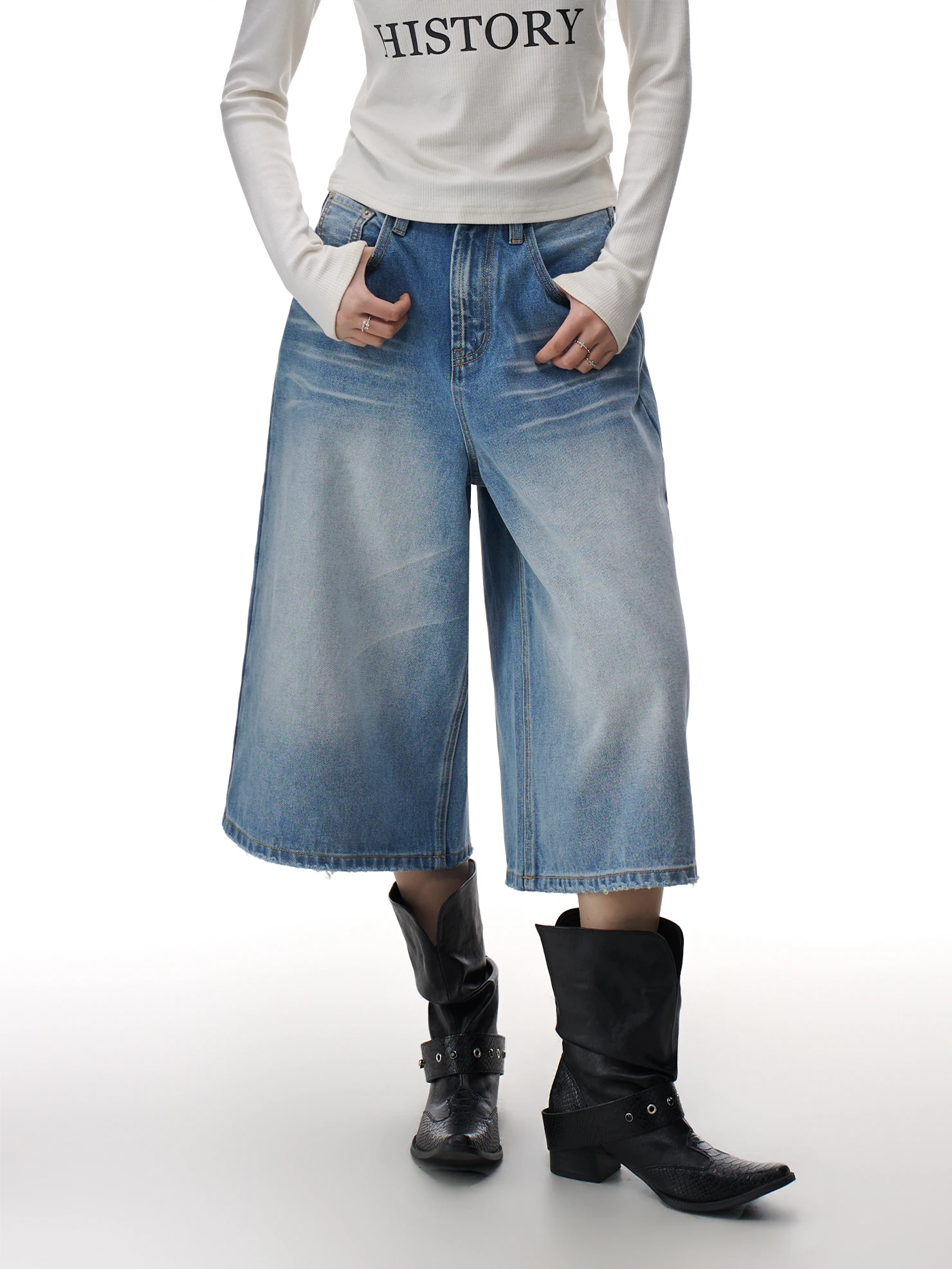 

American Style Loose Blue Washed Denim Jeans Women's Spring Summer New Seven-Five Straight Leggings Casual Cotton Fabric