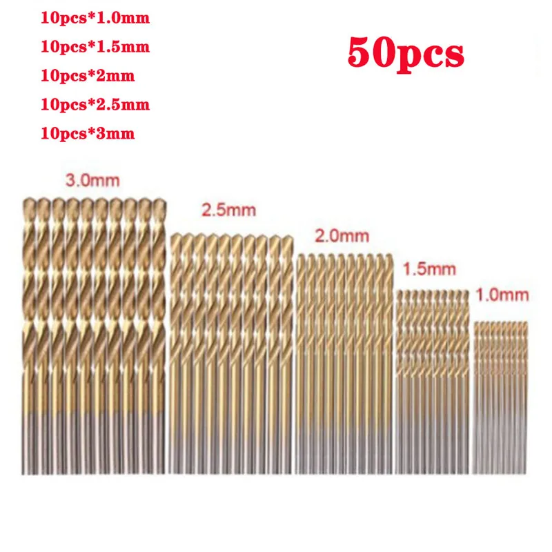 50 Buah Mata Bor Puntir Berlapis Titanium 1/1, 5/2/2, 5/3 Mm Mata Bor HSS Baja Kecepatan Tinggi Set Alat Kualitas Tinggi