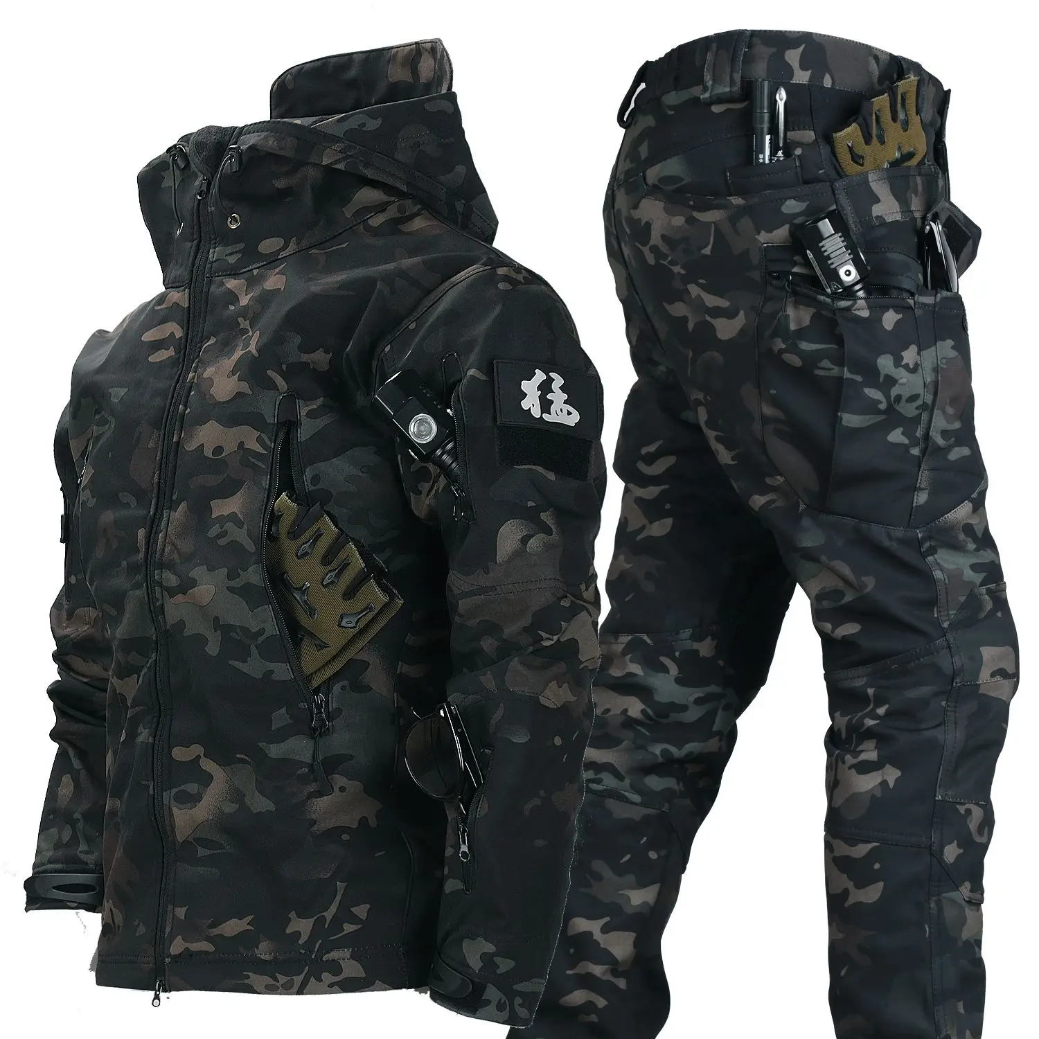 男性用フード付きジャケットとマルチポケットカーゴパンツのセット