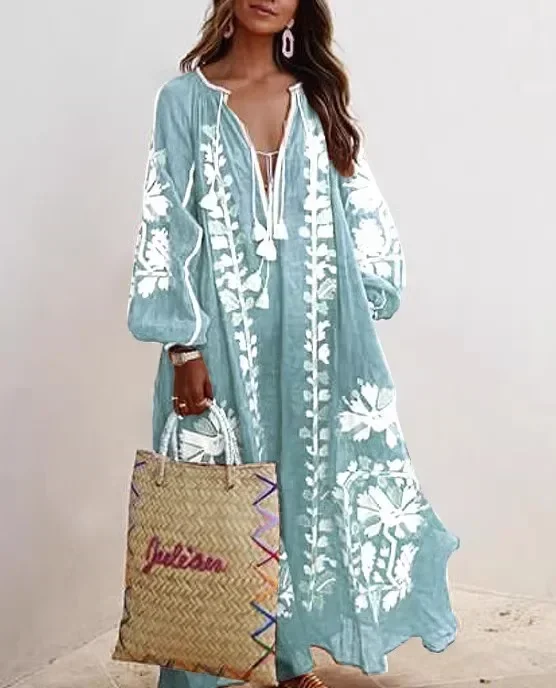 

Women's New V-neck Long Sleeved Printed Dress with Stylish and Versatile Style for Commuting Loose Fitting and Versatile Clothin