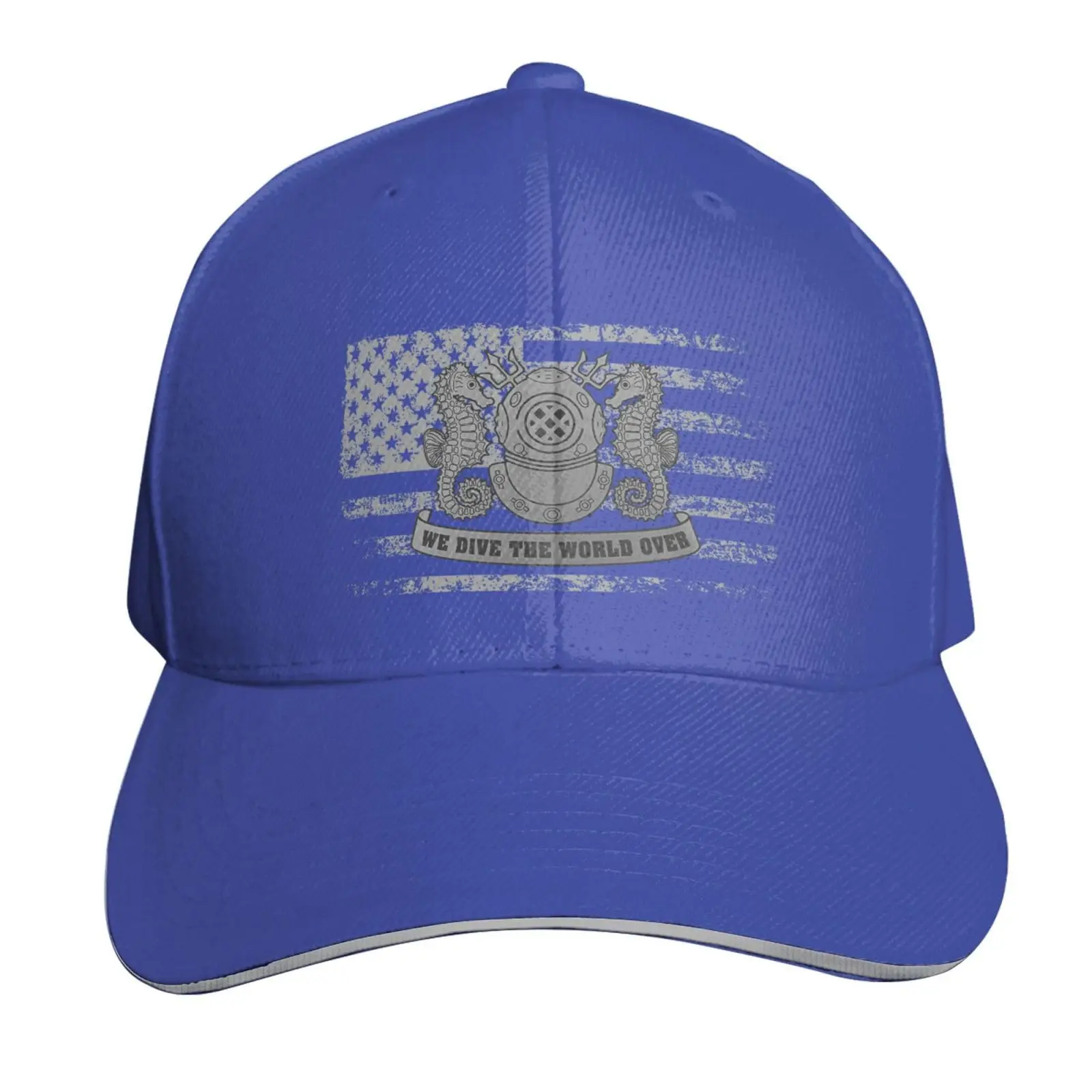 Navy Diver We Dive The World Over (Silver) Hat Baseball Cap Duck Tongue Cap Adult Sandwich Hat Blue