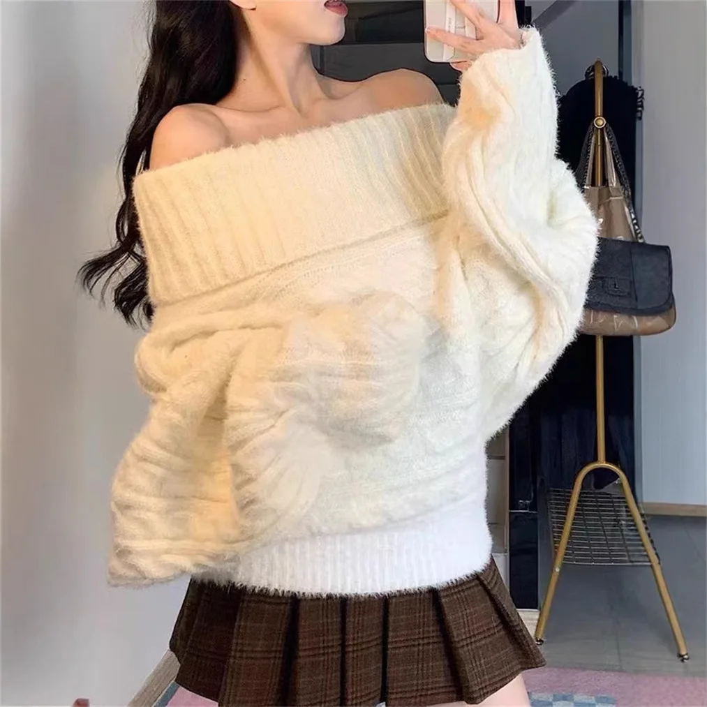 Pullovers Women Sweaters Off Shoulder Full Sleeve Jumpers Y2k Streetwear Elegant Splice Knit Casual Loose Autumn Winter 2025