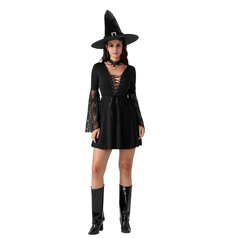 Halloween Witch Cosplay Costume for Women Lace Flare Long Sleeve Cross Tie Front Short A-Line Dress with Hat Outfits