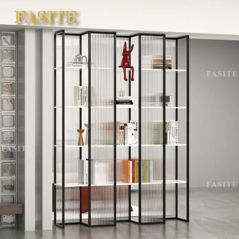 For No Punching Changhong Glass Screen Double Sided Bookshelf Floor to Ceiling Living Room Entry Wrought Iron Light Luxury