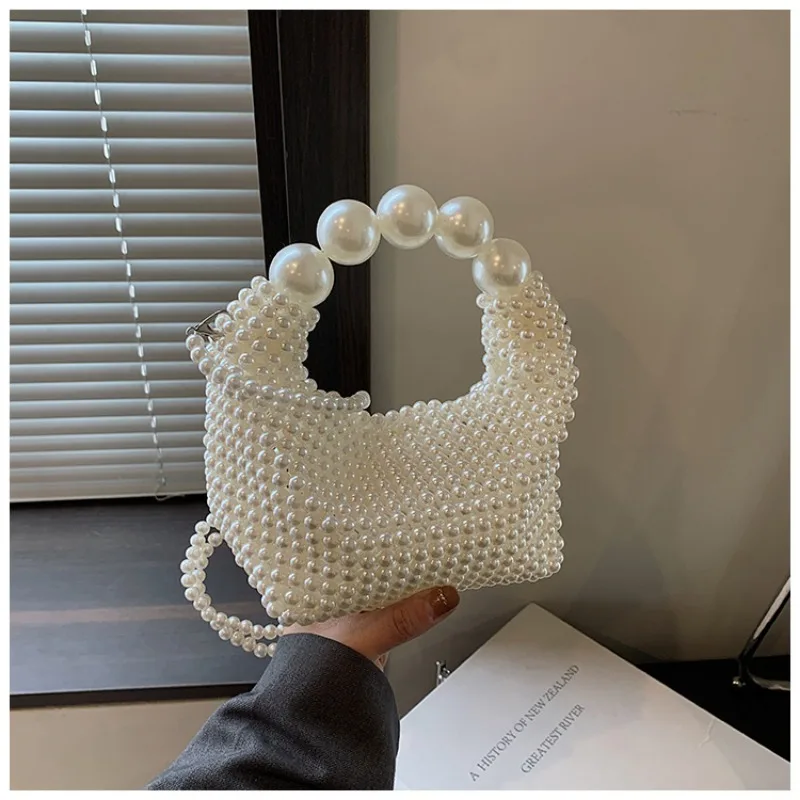 Pearl Woven Tote Crossbody Bags for Women Purses and Handbags Luxury Ladies Evening Party Wallet Hand Shoulder Bag