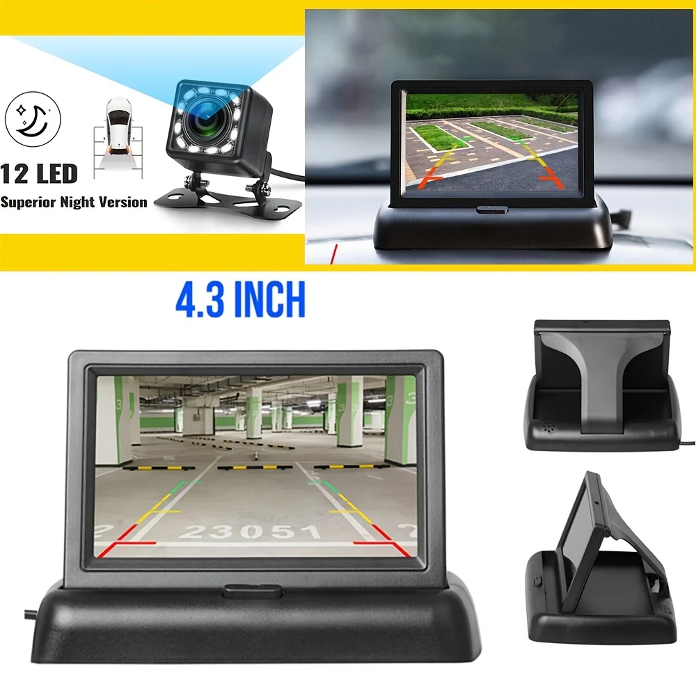 Rearview Camera System Featuring a 4.3-Inch Collapsible Display, Complete with a Set of Reverse Parking Camera Kits, 12V