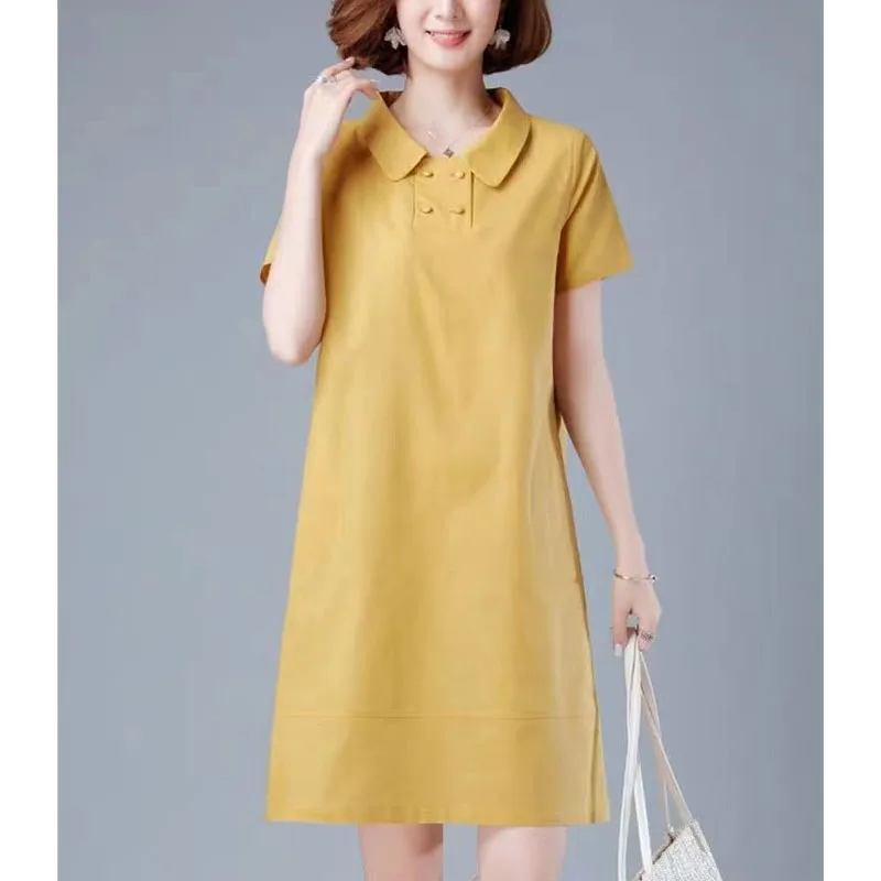 

Minimalist Commuter Summer New Women's Solid Color Peter Pan Collar Button Fashion Vintage Slim Short Sleeve Straight Dress