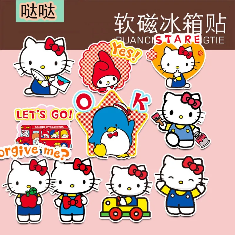 

12pcs/set New Sanrio Cartoon Hello Kitty Cute Refrigerator Magnet PVC Flat Magnetic Waterproof Home Decorative Sticker Set Gift