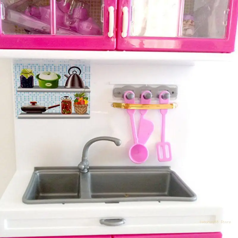 Y4UD Simulation Kitchen Cabinets Set Children Pretend for Play Cooking Tools Mini Dolls Tableware Suits