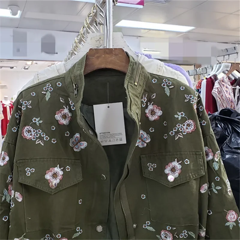 

Women Embroidery Flower Trench Coat Casual Outwear Black White Army Green Mid Long Drawstring Windbreaker Female Chaqueta Mujer