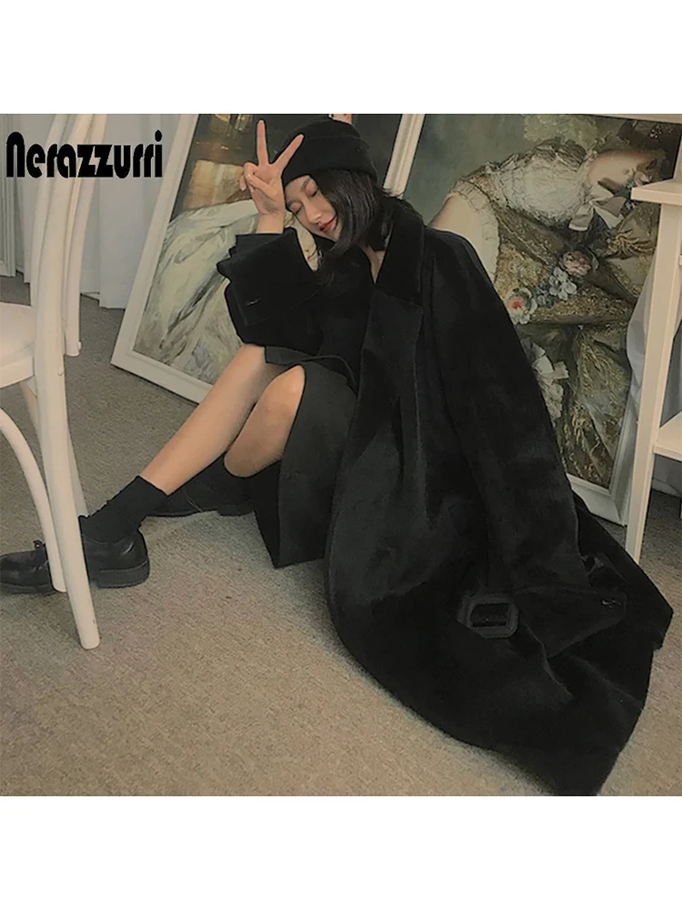 Nerazzurri Autumn Winter Oversized Long Black Soft Warm Fluffy Faux Mink Fur Coat Women Belt Loose Runway European Fashion 2023