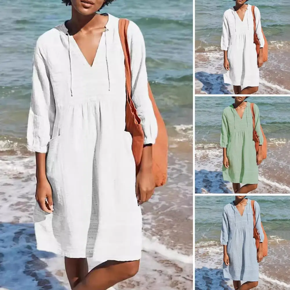 

Loose Mid-length Dress Stylish Three Quarter Sleeve V Neck Midi Dress for Women A-line Knee Length Beachwear with Drawstring