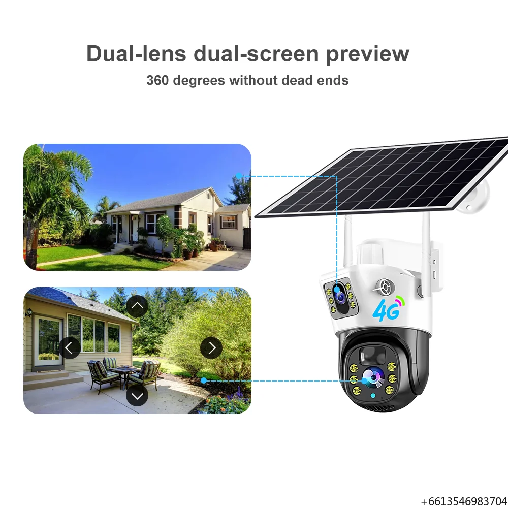Dual Lens Outdoor Security CCTV System Night Vision Pan-Tilt Function 4G Networks Solar Power Built-in Mic for Two-Way Audio
