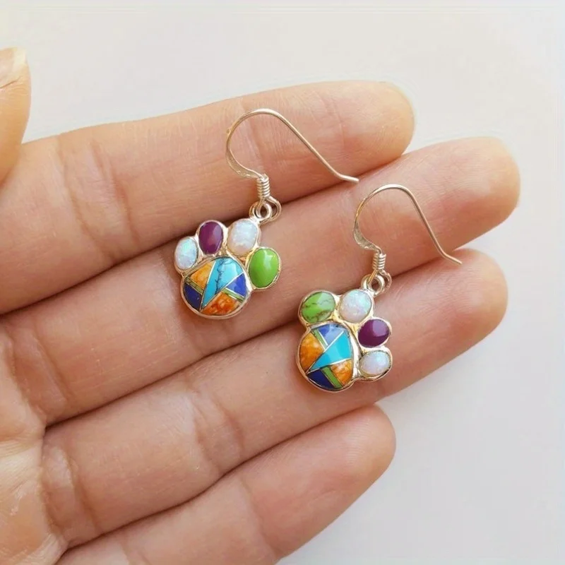Fashion Creative Colored Stone Inlaid Cat Paw Designed Pendant Earrings for Women's Exquisite Festival Jewelry Accessories Gifts