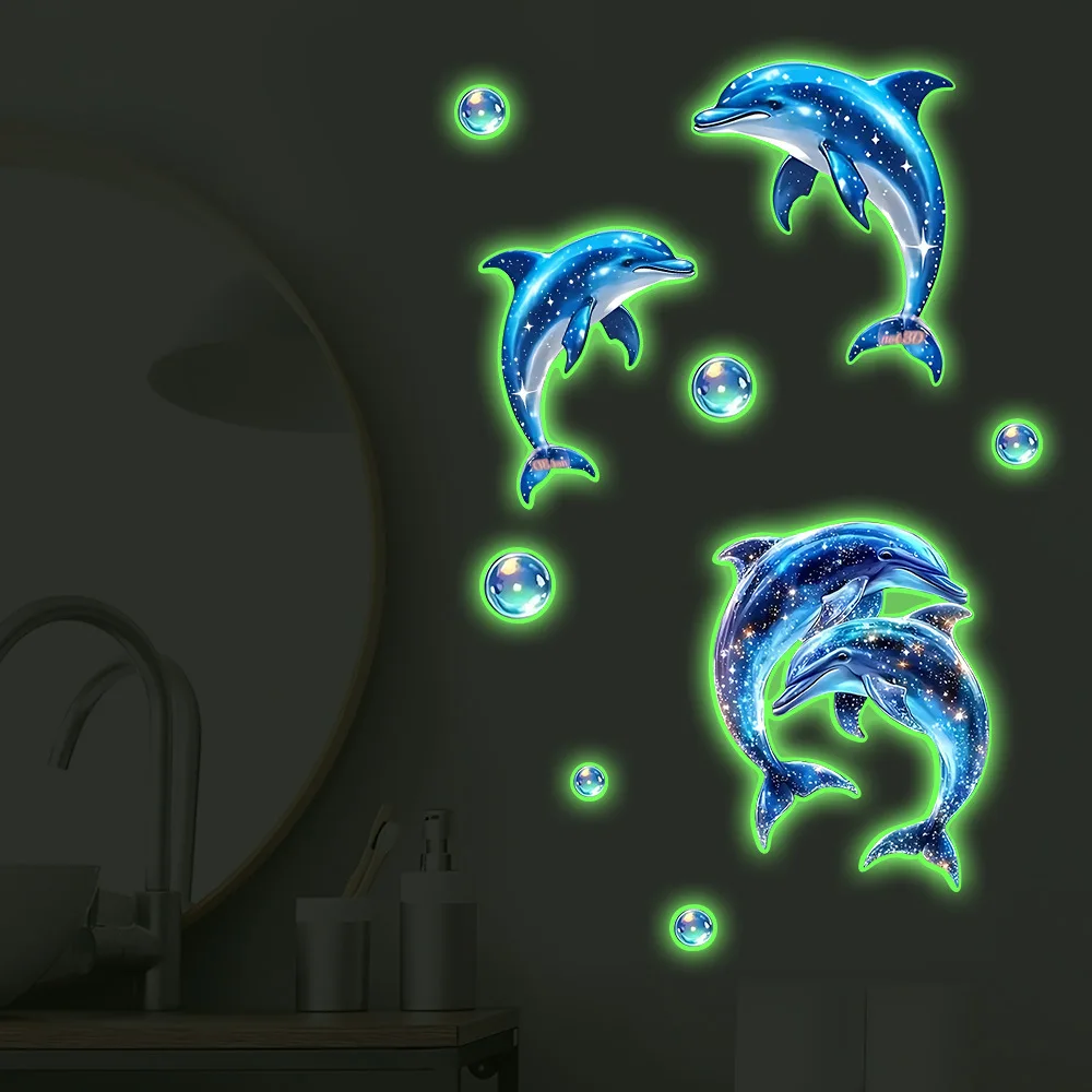 Glow in The Dark Dolphin Bubbles Bathroom Wall Stickers Creative Decals for Toilet Bathtub Shower Tile Home Decor Self-Adhesive