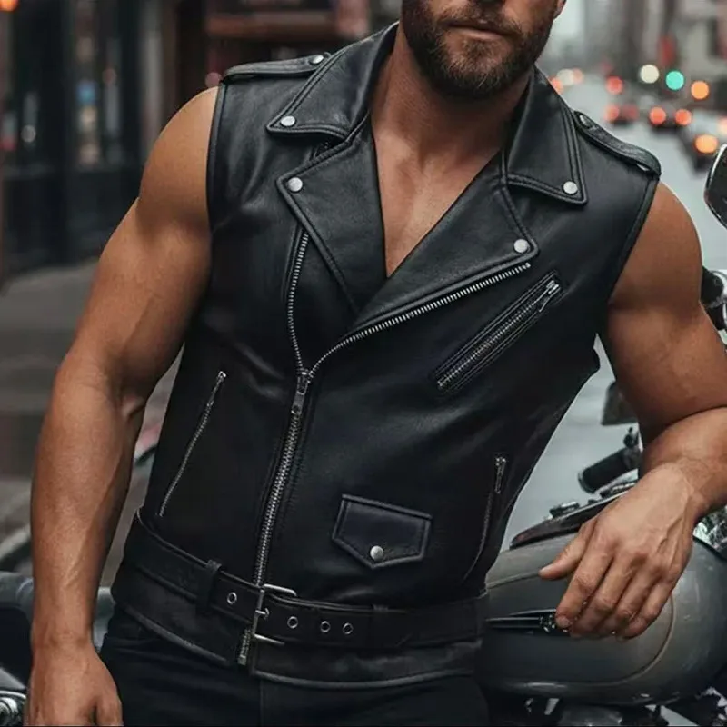 New men's PU leather motorcycle riding jacket with a fitted collar and zipper-style front - a punk style design.