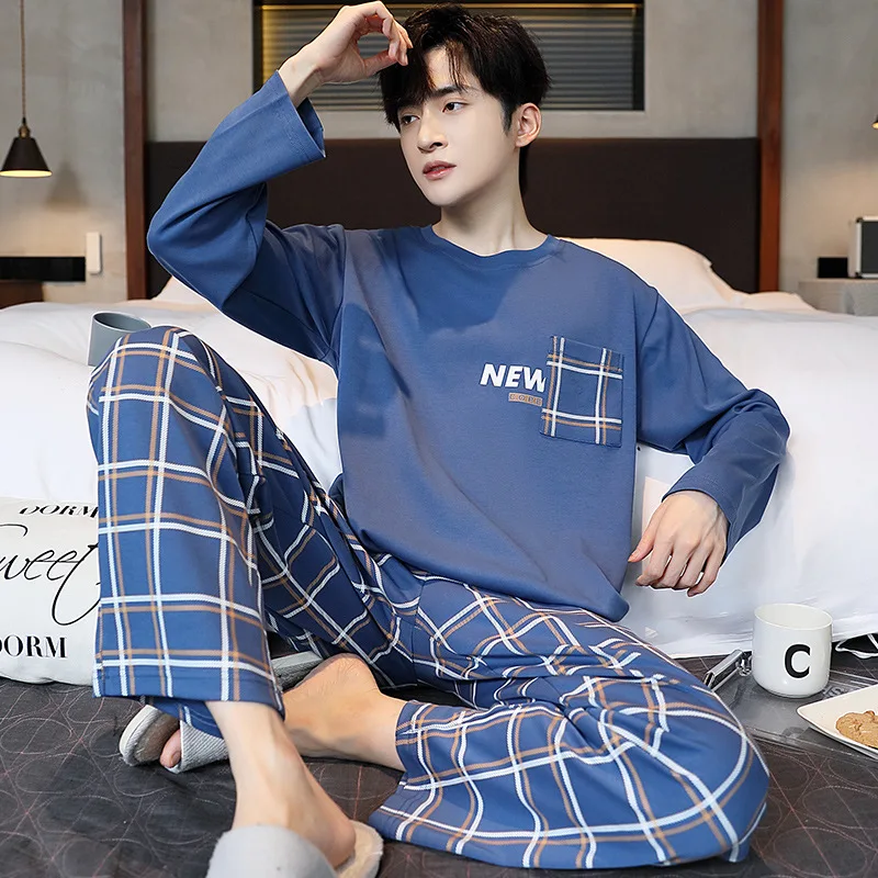 Men\'s Pajamas 2 Sets Of Homewear Men\'s Spring And Autumn Long-Sleeved Trousers Cotton Leisure Autumn And Winter Homewear