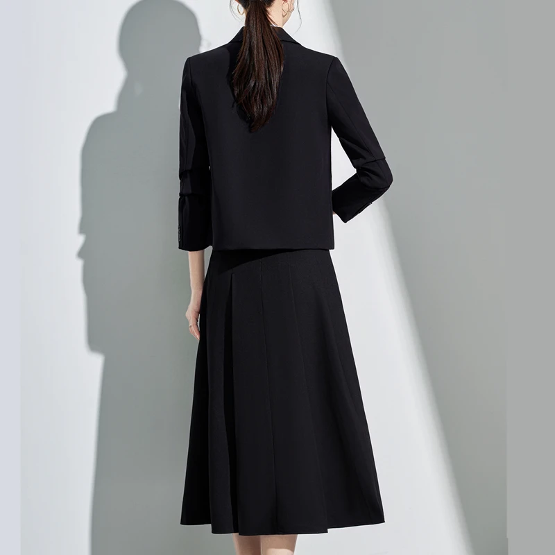 Navu outono elegante senhora do escritório ternos preto cinza gola entalhada manga longa moda profissional casual blazer e uma saia linha