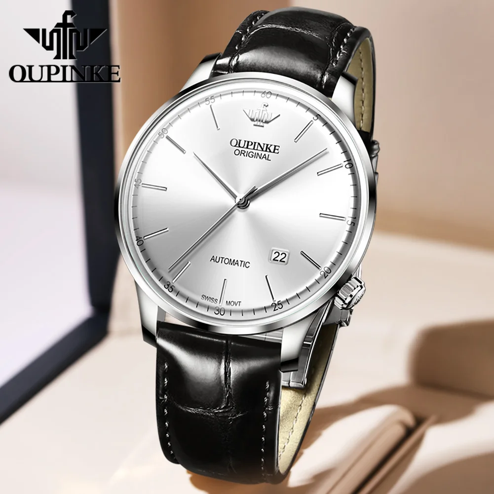 OUPINKE 3269 Men's Watch Ultra-thin Swiss Automatic Leather Strap Auto Date Mechanical Watch for Men Luxury Wristwatch