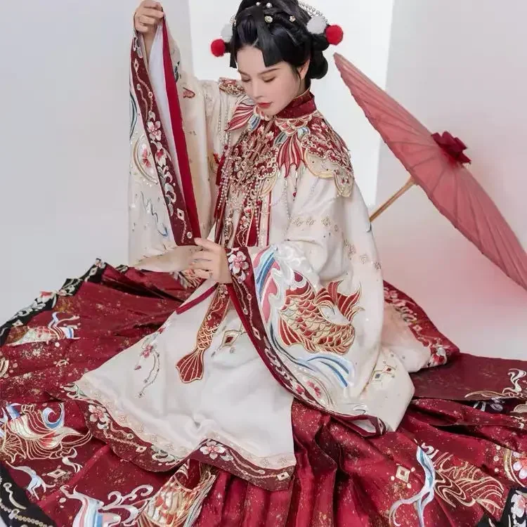 Traje de vestido tradicional chinês para mulheres, vestido bordado da indústria pesada, rosto de cavalo dourado tecido, ombro nuvem, hanfu feminino, 2021