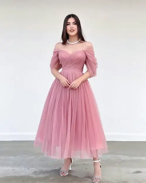 Dusty Pink Off The Shoulder Pleat Sweethart  Tulle A Line Prom Dresses Custom Made Formal Bridal Grown 2024 Homecoming Wear