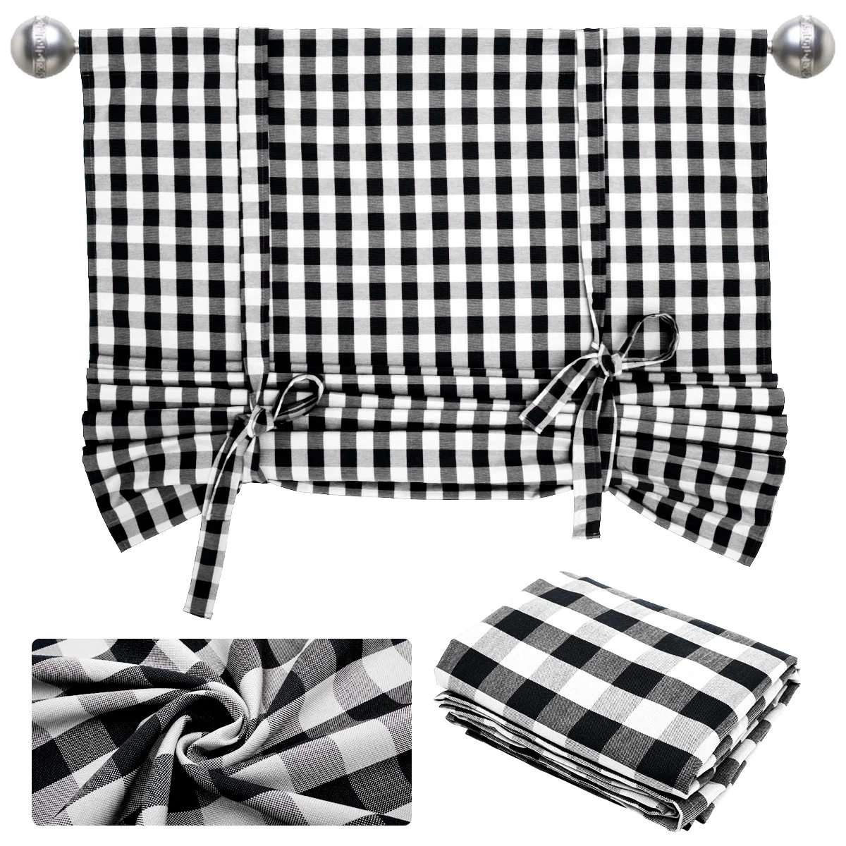 Check Tie Up Curtains Soft Cotton Tie Up Shade Washable Black and White Check Window Curtains Light Filtering Adjustable Tie Up