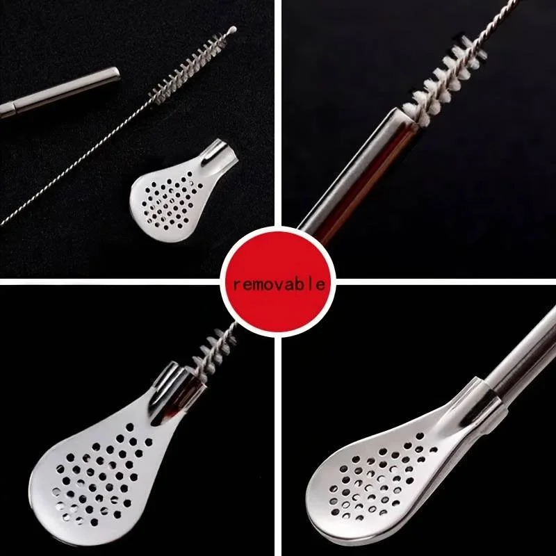 Stainless Steel Straw Spoon And Cleaning Brush, Drinking Spoon Straws With Filter, Metal Stirrer For Coffee Loose Tea Cocktail