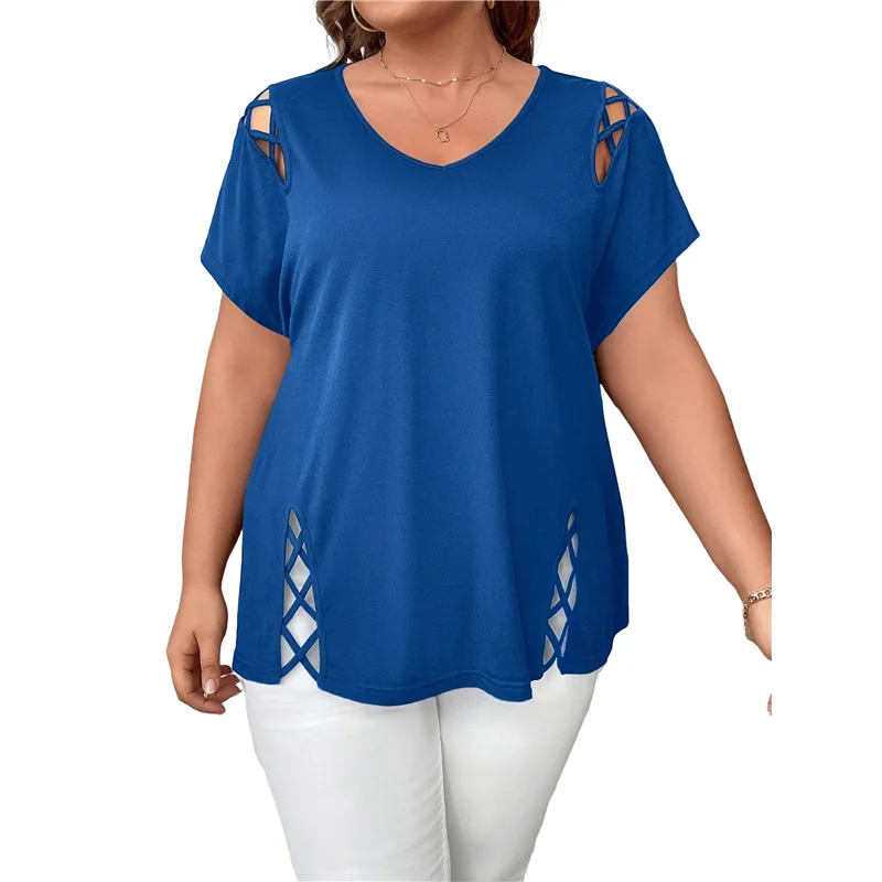 CYL-Tops túnica femininos de manga curta cortados com decote em V elegantes casuais soltos tops longos