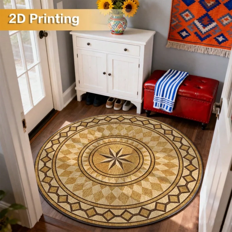Newest 2D Black White Geometric Mandala Round Rug Non Slip Boho Entry Living Room Carpet