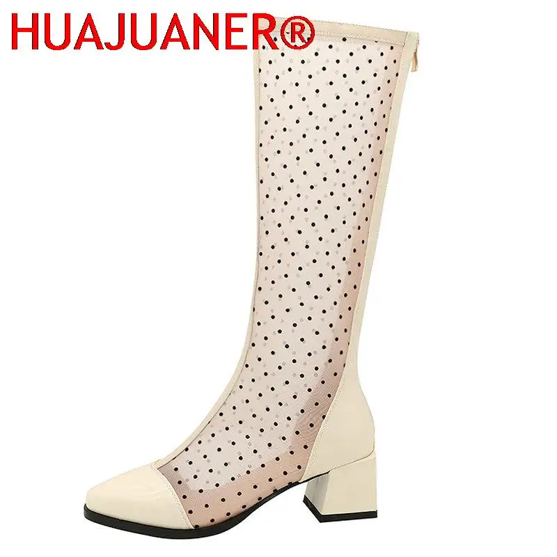 2023 New Summer Women Knee High Boots Patent Leather Mesh Zipper Low Heel Long Boots Fashion Pointed Toe Autumn Lady Shoes