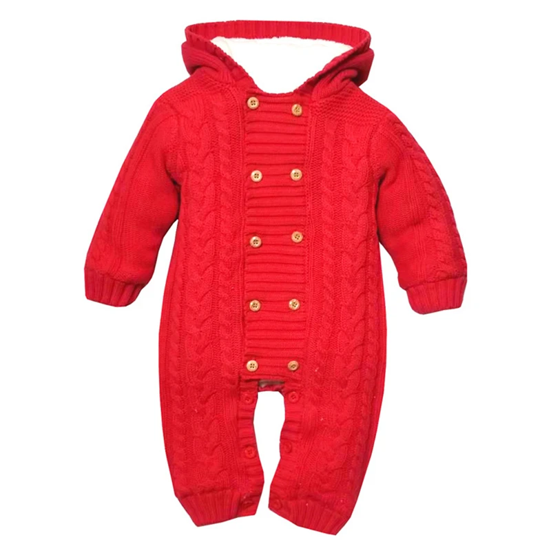 Baby Hooded Romper 0-18 Months Knitted Sweater Thick Cotton Solid Color Long Sleeve Autumn Winter Infant Boy Girl Baby Clothing