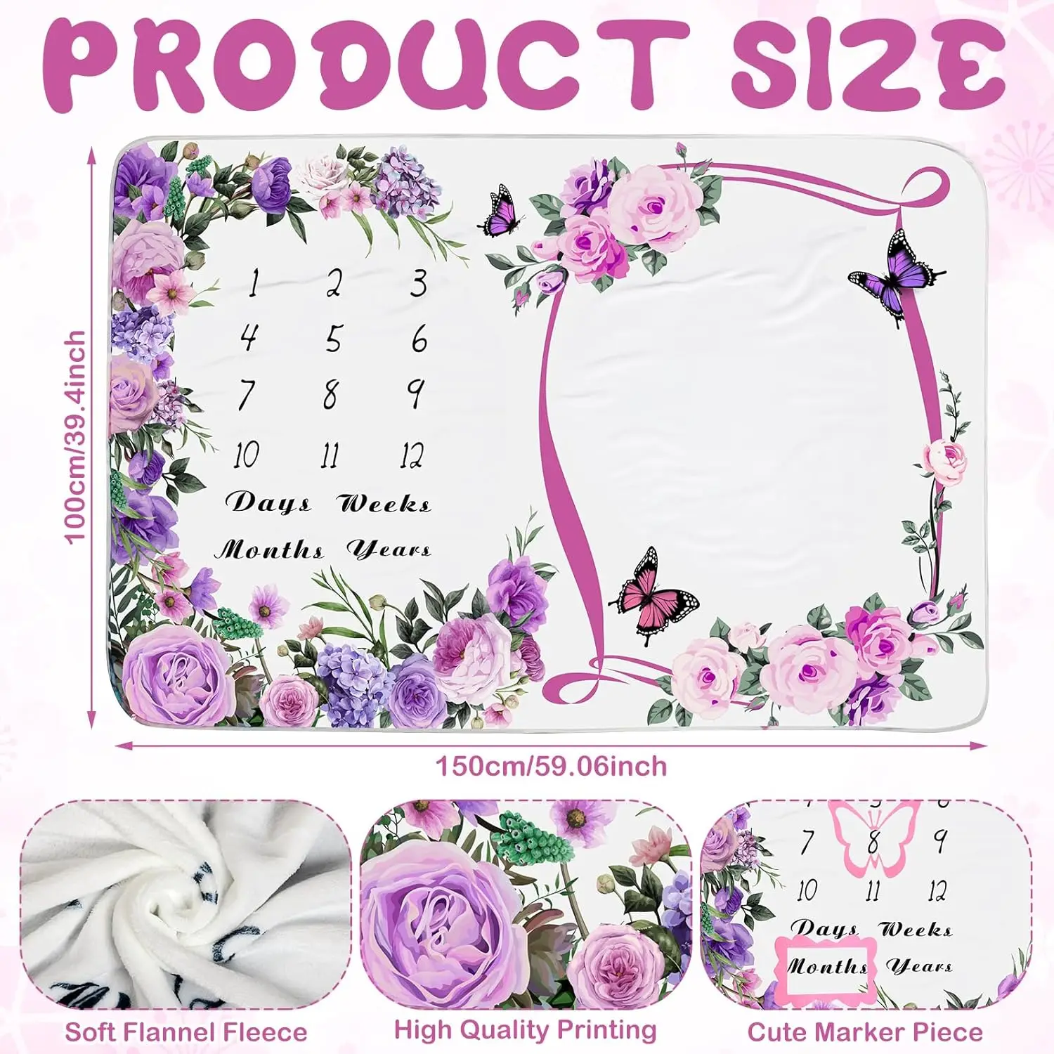 VIKAMA Baby Monthly Milestone Blanket - Floral Photography Props Rug - Floral Wreath Frame Age Milestone Blanket