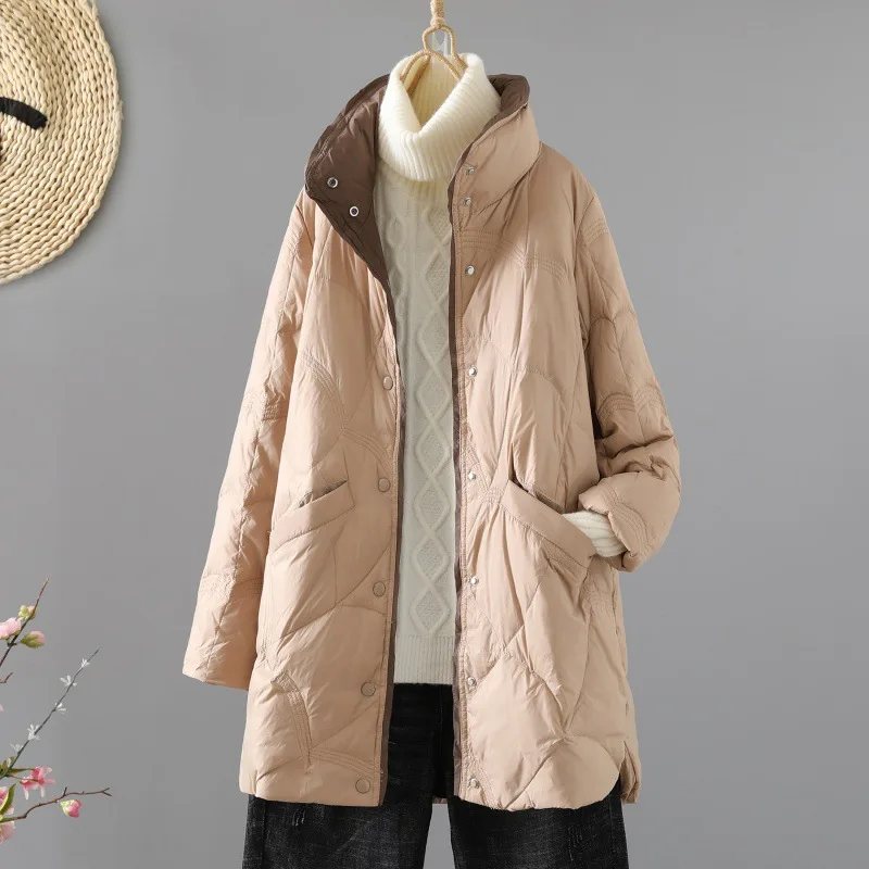 2024 Winter Women White Duck Down Jacket with Stand Collar Mid-Long Outwear Female Luxurious Parka Korean Slim Fit Puffer Coat