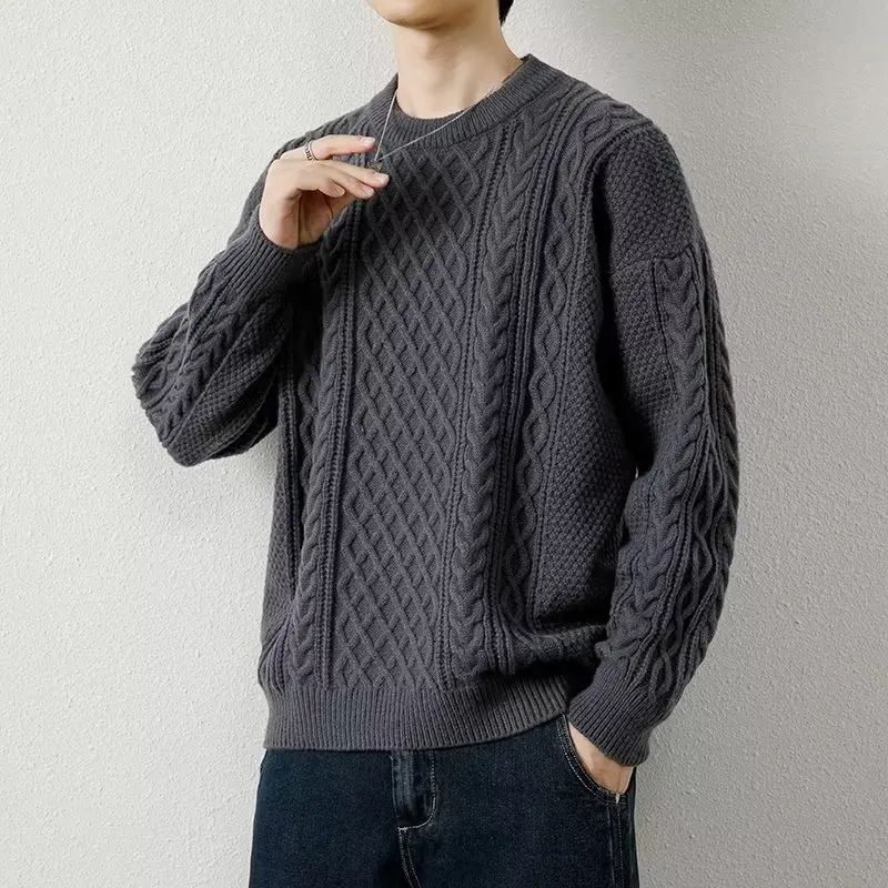 

Свободный мужской вязаный свитер, повседневный круглый свитер из пряжи Ne Twist, длинный све, теплый зимний модный молодежный волокно из полиэстера, прямой крой