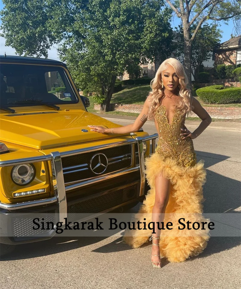 Sparkly Gold Diamonds Mermaid Prom Dress Sheer Glitter Rhinestones Beads Ruffles Birthday Party Dress Formal Gowns Customized