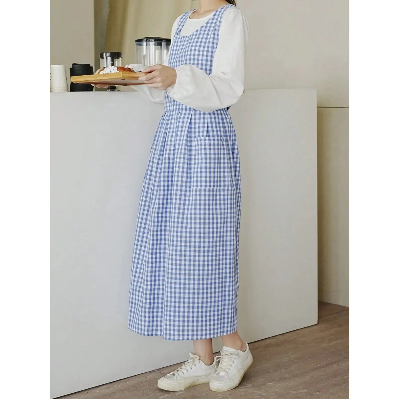 

Plaid Apron,Fresh Style Large Size Side Slit Pleated Lace Up Anti-Fouling Smock,1 PC