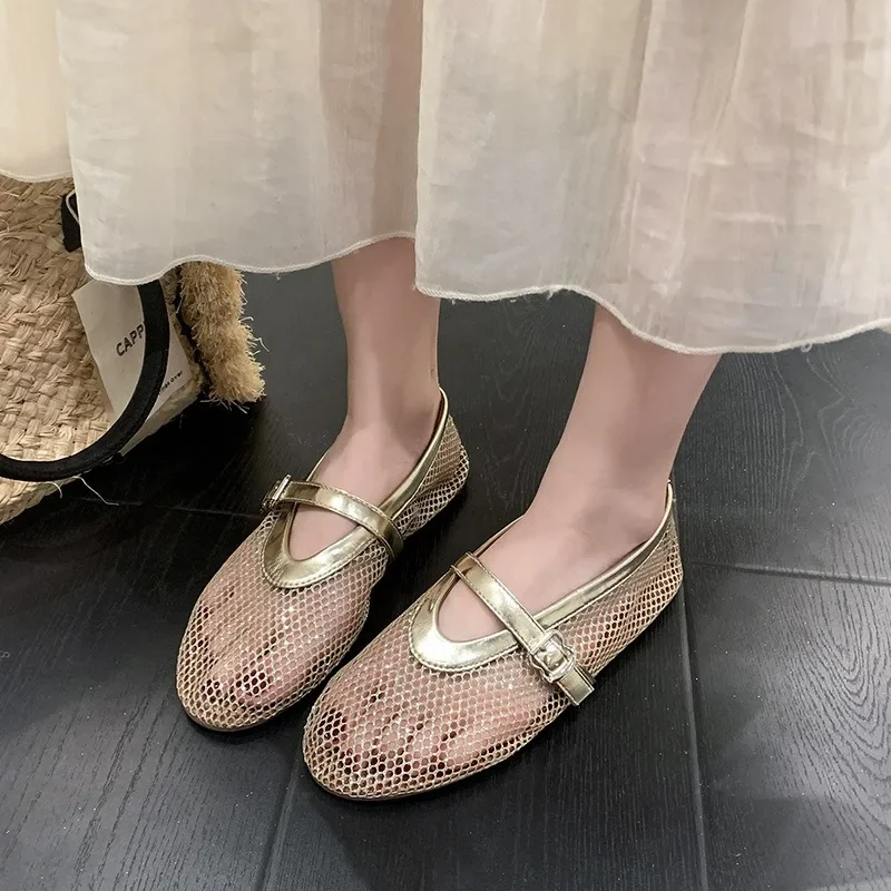 2026 Summer Women's Mary Jane Flat Shoes, New Round Toe Fishnet Hollow-Out Ballet Flats Comfortable Outdoor Walking Casual Shoes