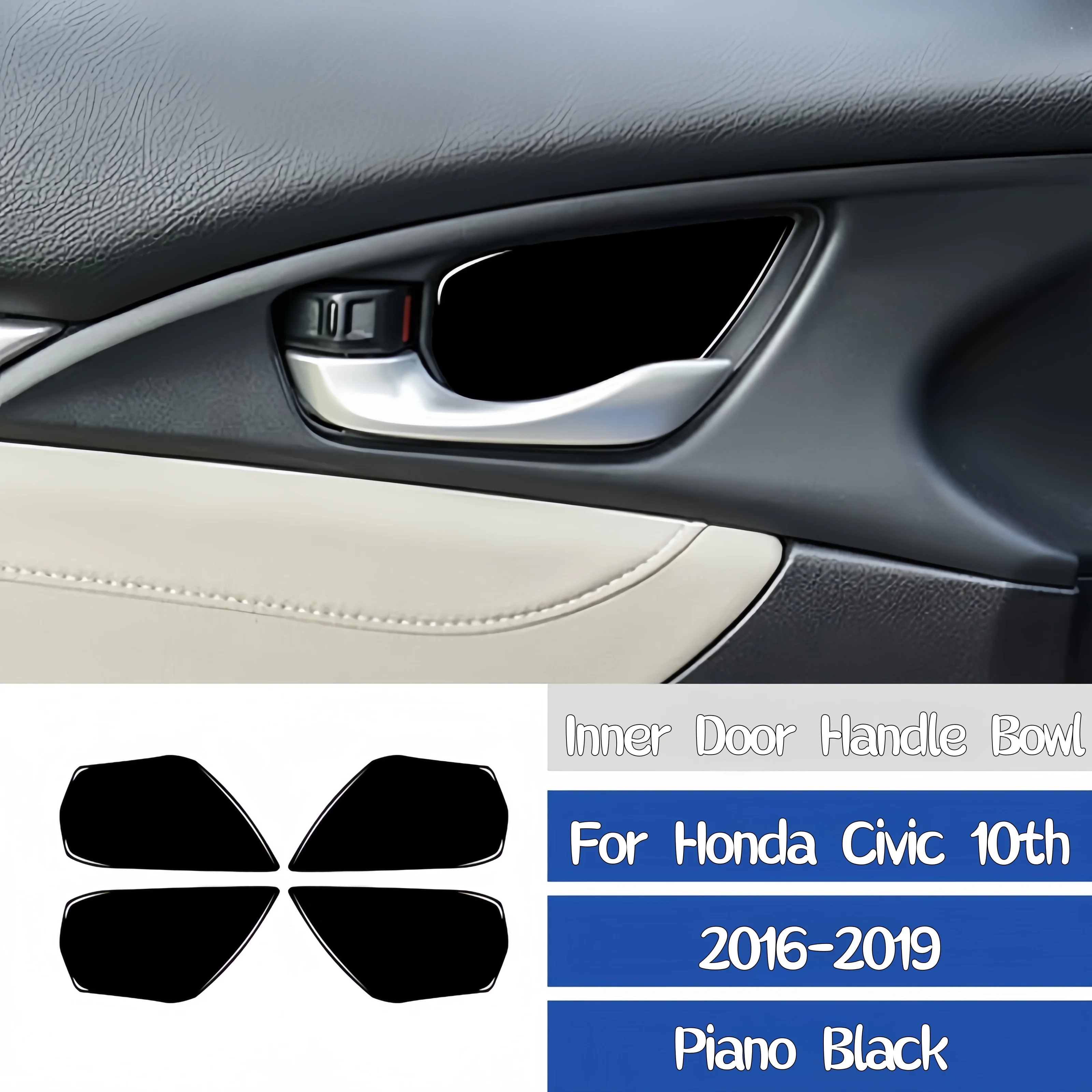 

For Honda Civic 10th Gen 2016-2019 Piano Black Interior Car Inner Door Bowl Panel Decoration Cover Trim Sticker Accessories