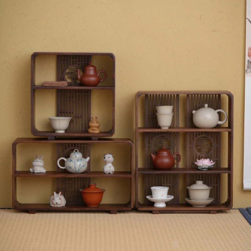 

Walnut Carved Shelf Chinese Tea Set Organizer Vintage Display Cabinet with Fretwork Bookshelf for Antique Collections Home Decor