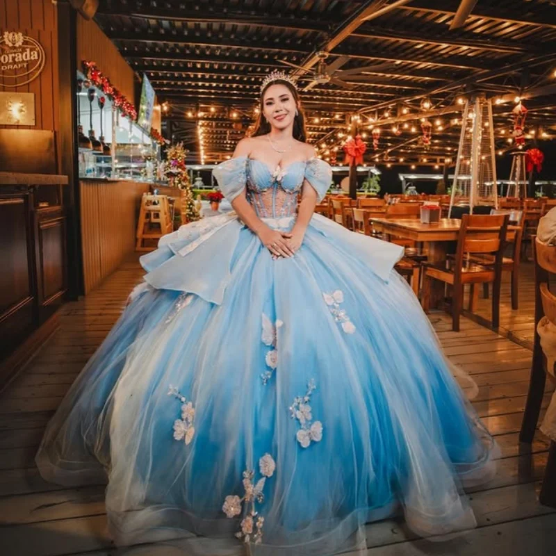 

Light Blue Quinceanera Dress Sequins Flower Decal Crystal Layering Long tail off-shoulder Vestidos De 15 Quinceanera ﻿Customize