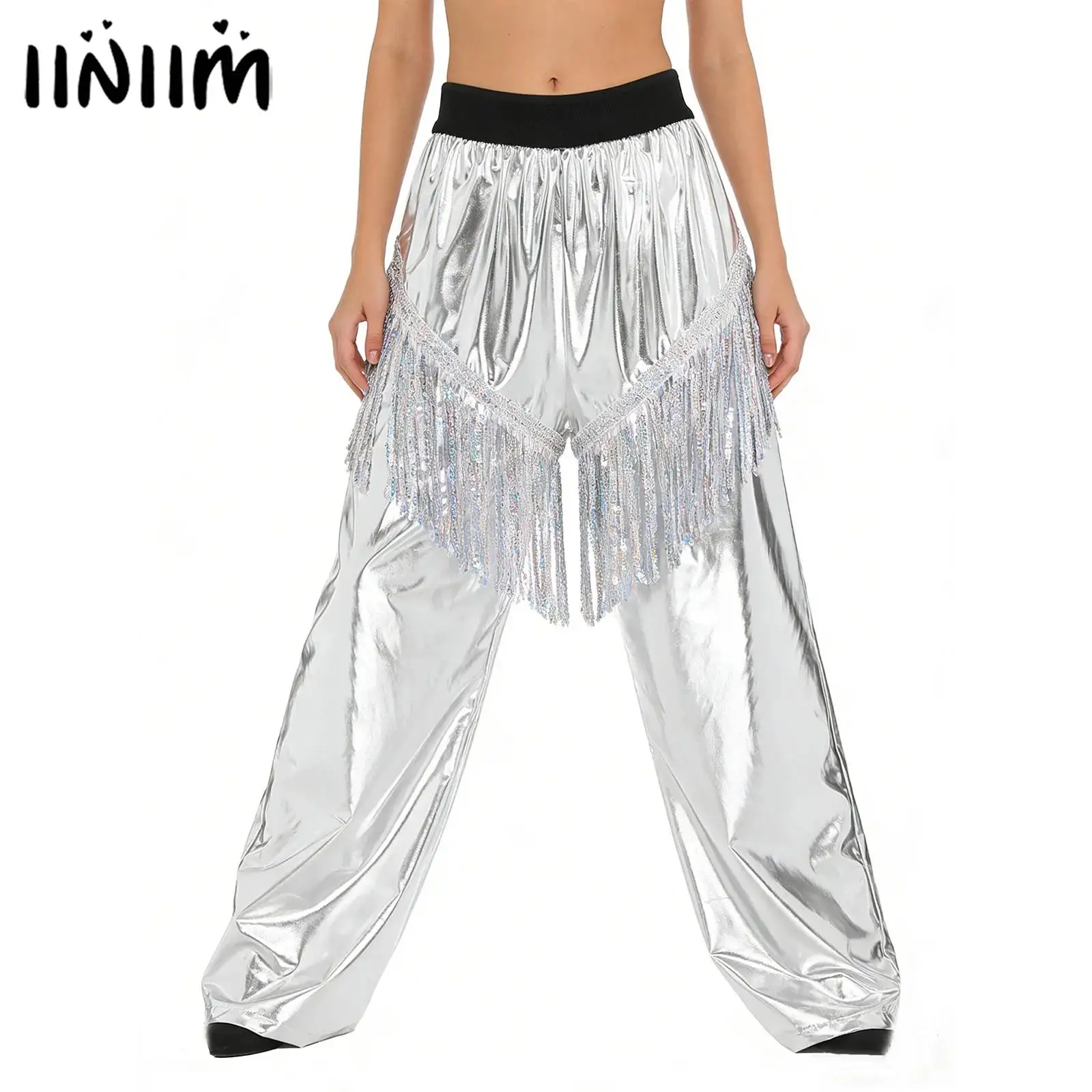 

Женский костюм для джазовых танцев в стиле хип-хоп, черлидинга, сценический костюм, блестящие брюки с блестками и кисточками, свободные прямые брюки