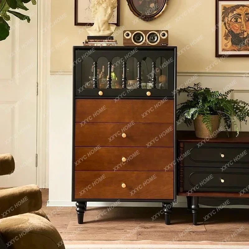TTTTFrench Retro Solid Wood Bedroom Medieval Storage Cabinet Small Apartment Household Side Cabinet Color Matching Bedside Chest