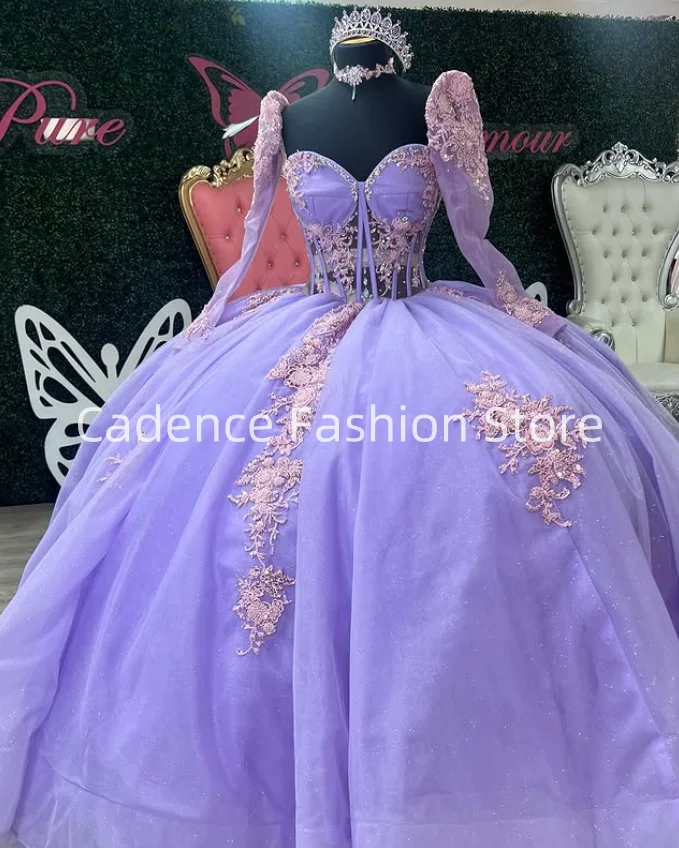 Personalizado elegante lilás roxo princesa manga longa espartilho quinceanera vestido de baile 15 anos festa de aniversário renda apliques