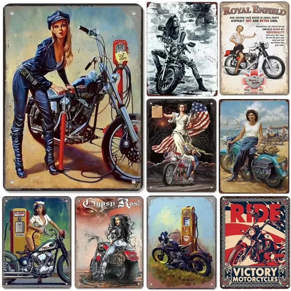 MotorcycleVintageCo Pinup Metal Signs - Vintage Art Posters - Iron Painting Wall Decoration - Elevates Decor in Man Cave & Ba