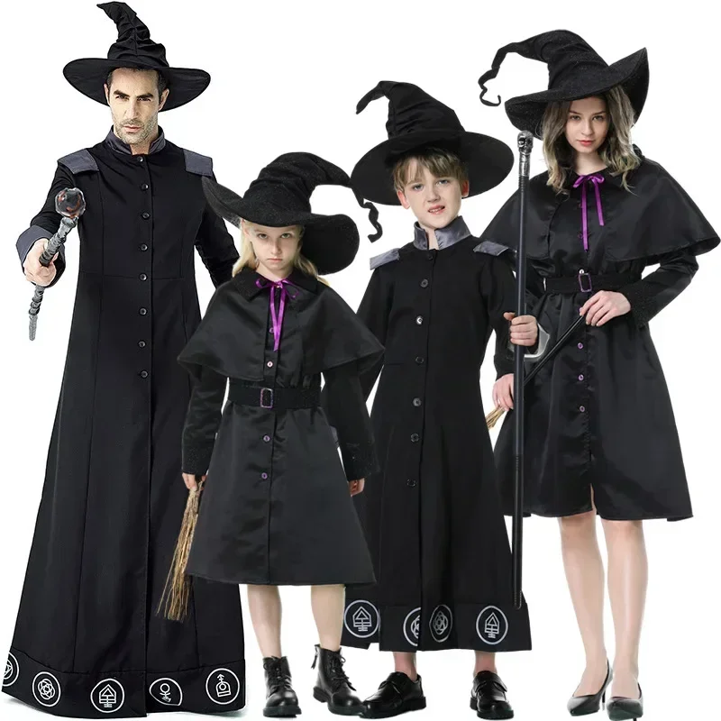 

Adult Kids Black Magician Robed Wizard And Witch Cosplay With Hat Halloween Carnival Party Masquerade Parent-child Costume Set