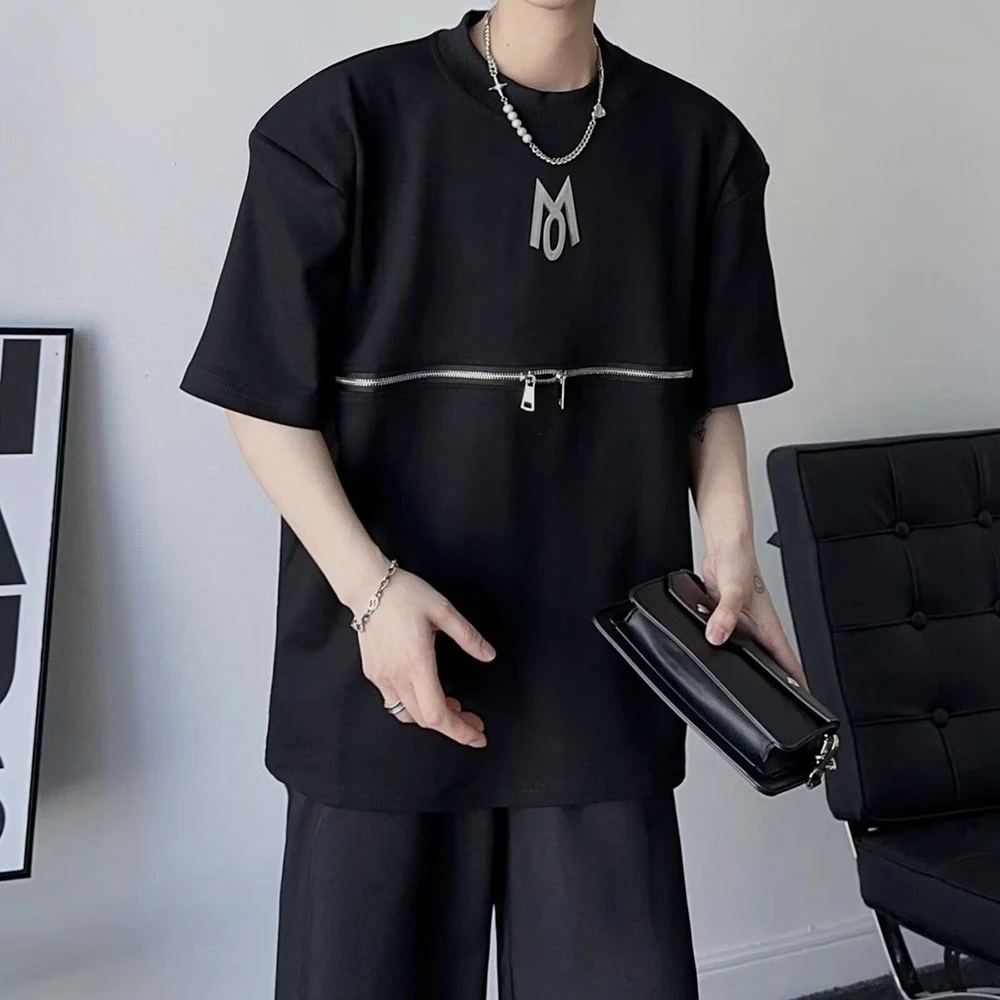 Mens Y2k Zipper Printed Padded Shoulder T-Shirt Streetwear Nightclub Fashion Youth Outdoor Versatile Trend Niche Top 2026 New