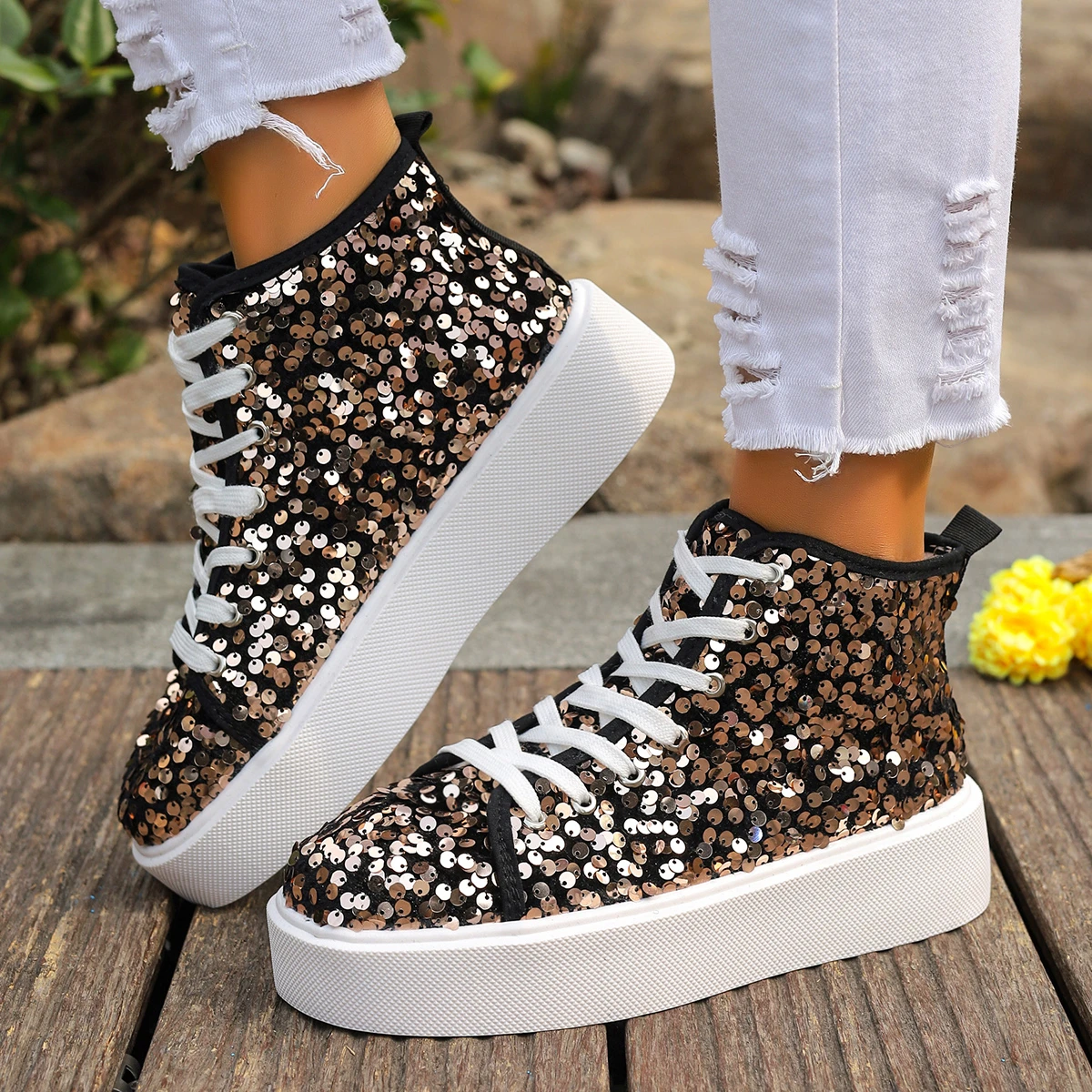 Women Shoe High Top Gold Glitter Sneakers Lace Up Platform Shoes Flat  Designer Shoes Women Sequins Shoes for Women Plus Size 43