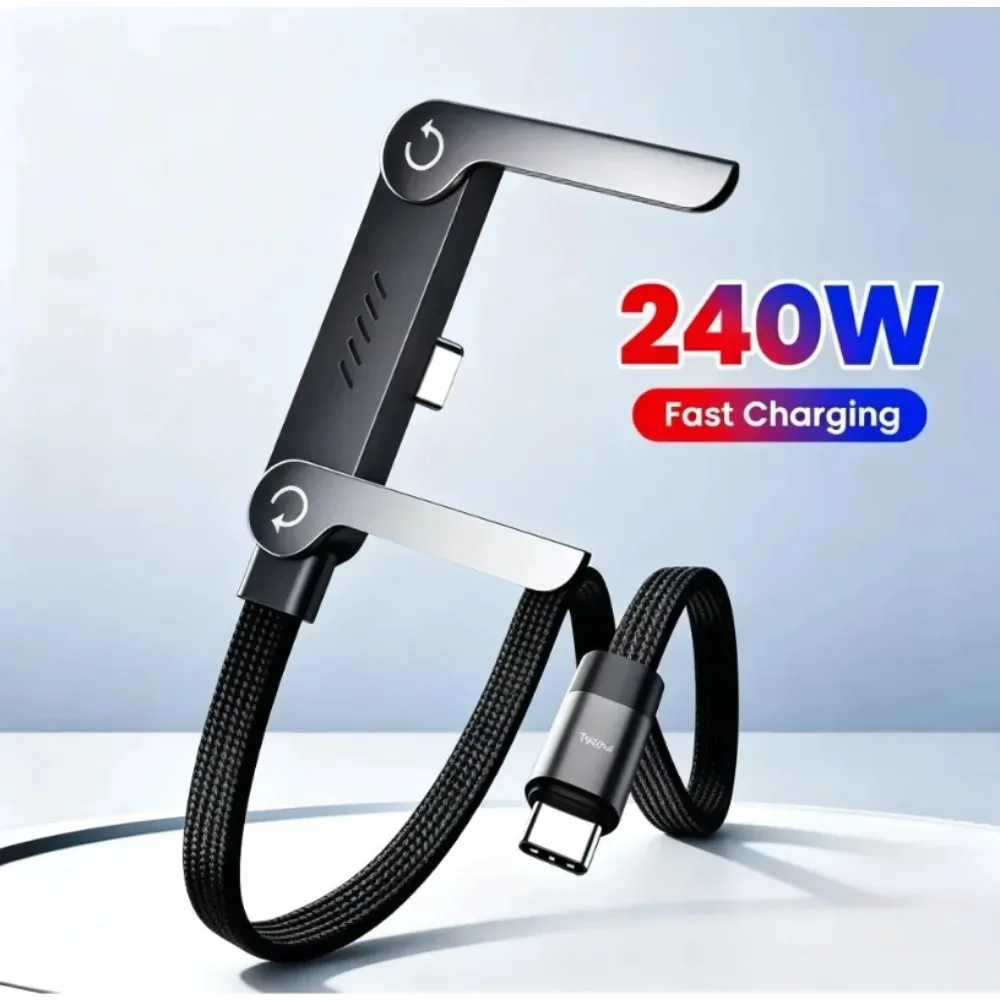 240W Type-C To Type C Cable Elbow Fast Charging Data Cable Foldable Stand Phone Holder For iPhone 17/16/15 For Samsung Charger