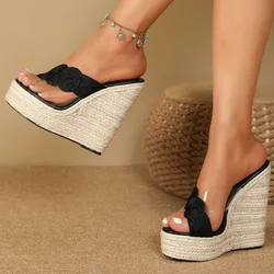 Eilyken Summer Street Style Cane Weave Platform Wedges Slippers Sandals Women Fashion High Heels Female Shoes Zapatos Mujer